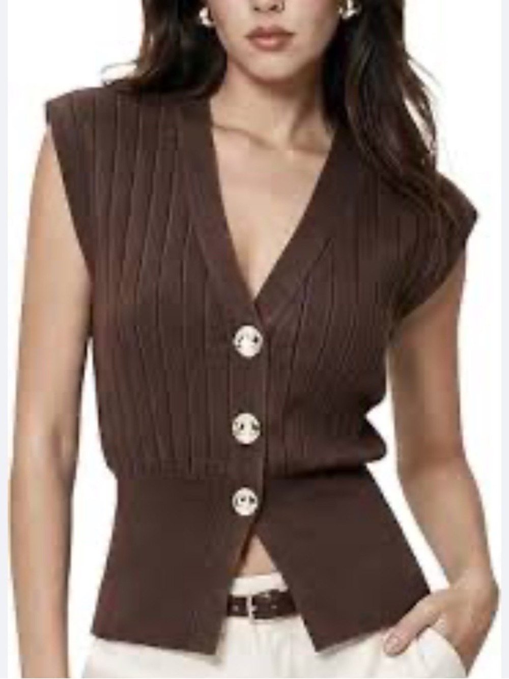 ribbed knit vest lwith decorative gold-tone buttons.
